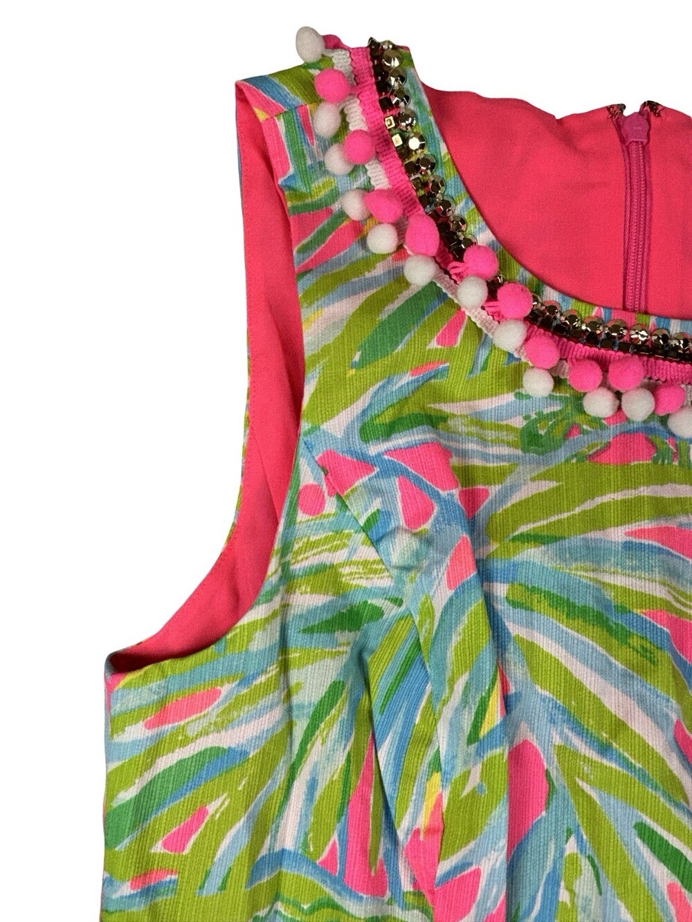 NWOT Lilly Pulitzer Mila Shift Dress Tiki Pink Royal Lime Pom Pom Sequins Size 6 - Picture 4 of 14